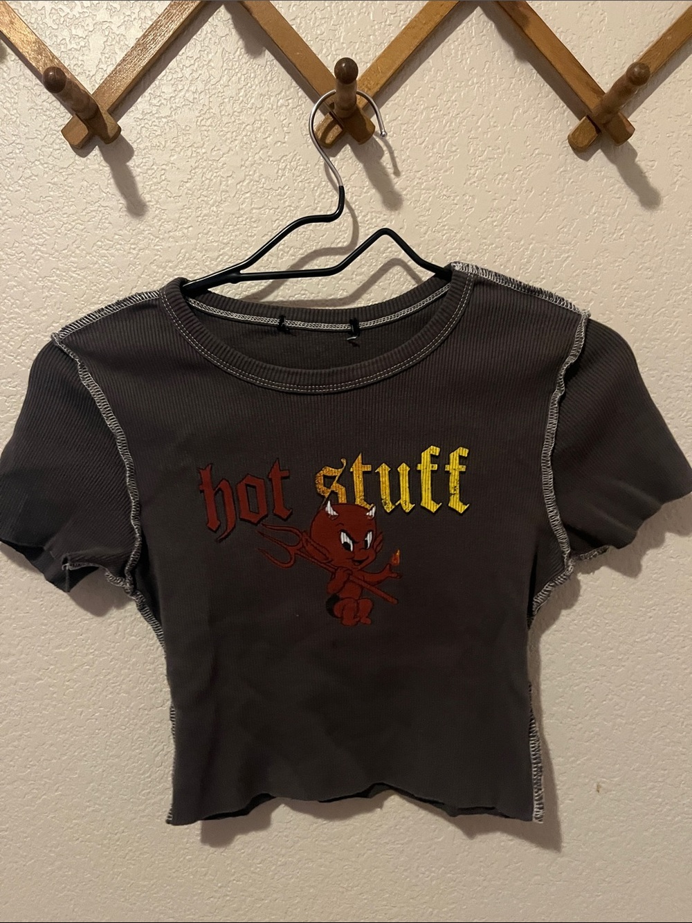 Hot Stuff Graphic Crop Tee - Grey with Red & Yellow Print
